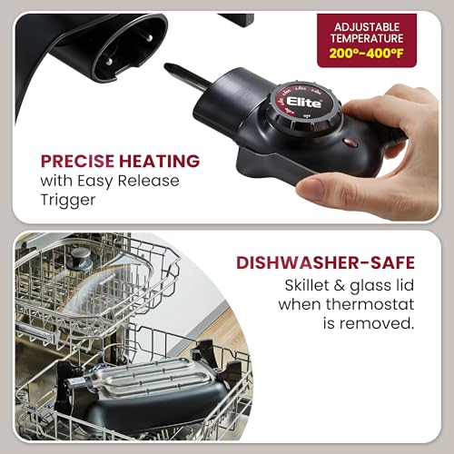 Elite Gourmet EG-6203# Extra Deep 16"x13"x3.2" (10.5Qt.) Scratch Resistant, Easy Pour Spout Dishwasher Safe, Non-stick Electric Skillet with Glass Vented Lid, Adjustable Temperature, Black