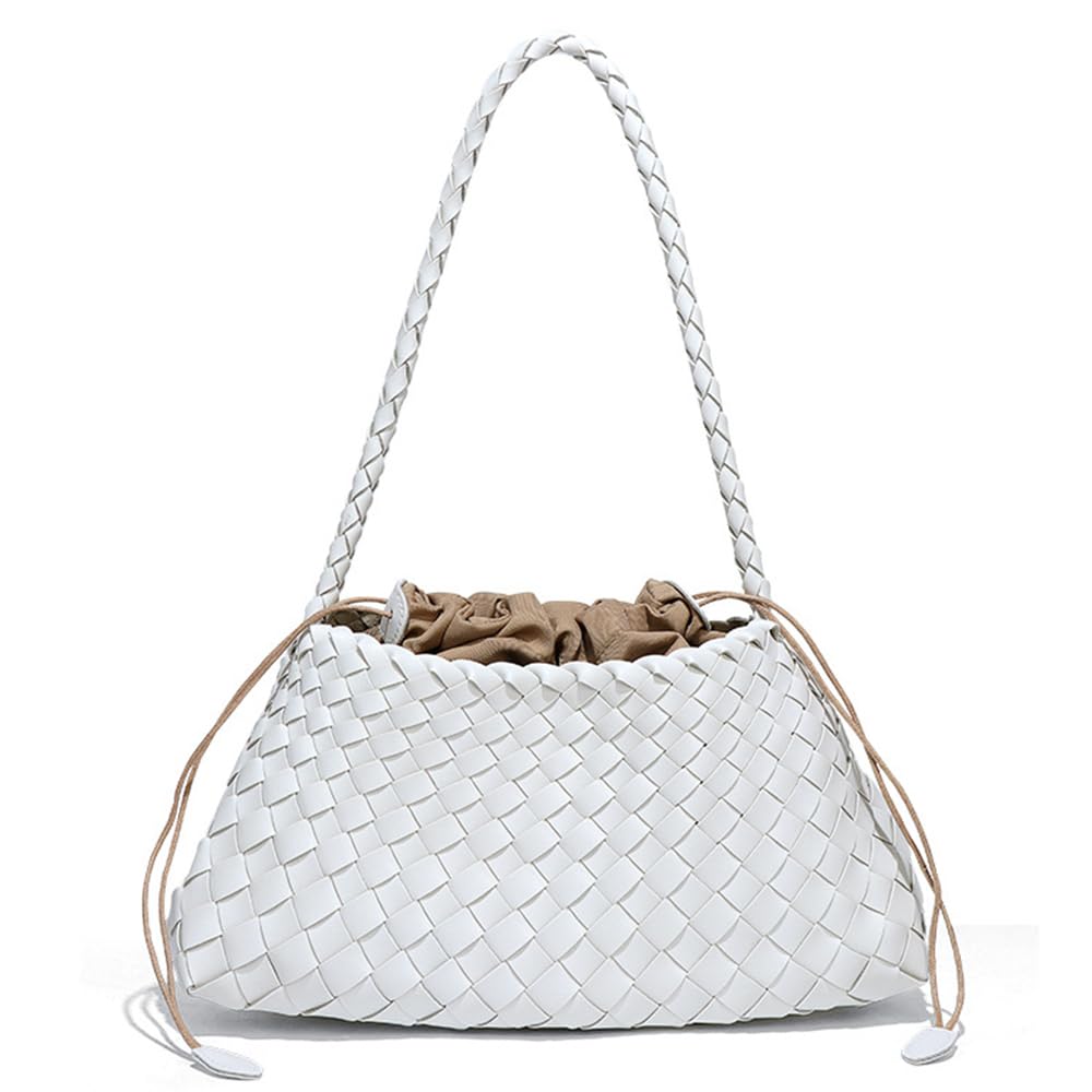 Rejolly Basket Woven Bag for Women Leather Shoulder Handbag Summer Vacation Chic Beach Tote Purse with Drawstring Pouch