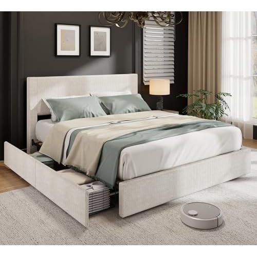Garvee Corduroy Bed Frame with Headboard, Platform Upholstered King Size Bed Frame with 4 Storage Drawers and Wooden Slats Support, No Box Spring Need