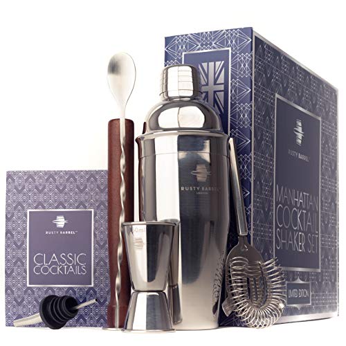 Rusty Barrel Kit Cocktail Manhattan avec Grand Shaker Cocktail en Inox de Style Manhattan, Pilon, Passoire, Verre Doseur Alcool, Verseur, Cuillère et Livre de Recettes – Dans une Boîte Cadeau Luxueuse
