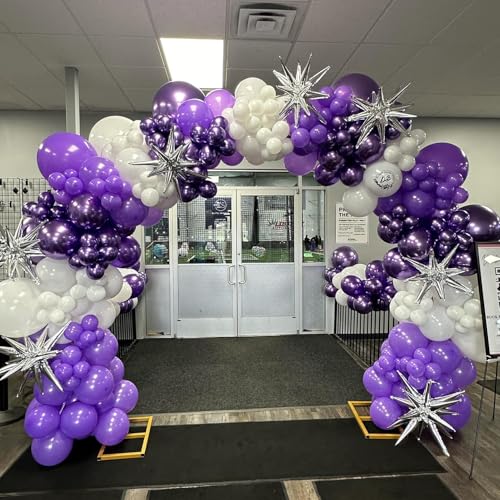Image of 150Pcs Purple Balloons Garland Arch Kit - 5 10 12 18 inch Lavender Pastel Metallic Purple Confetti Balloons Silver White Latex Balloon for Girl Birthday Baby Shower Princess Party Decorations