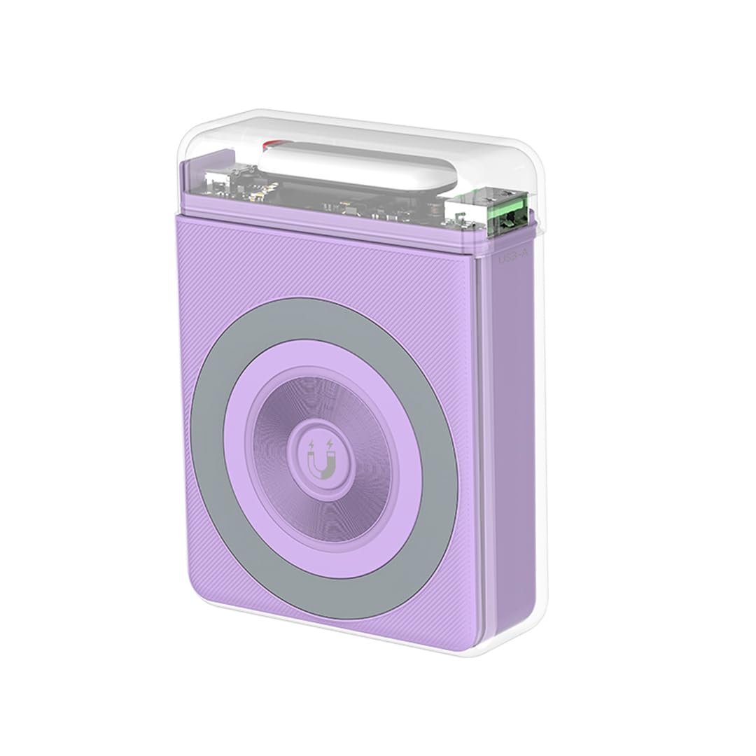 XO PR226 Power Bank con torcia, 10000 mAh Powerbank compatibile con MagSafe, 20 W PD + 22,5 W ricarica rapida USB, ricarica wireless da 15 W, trasparente (viola)