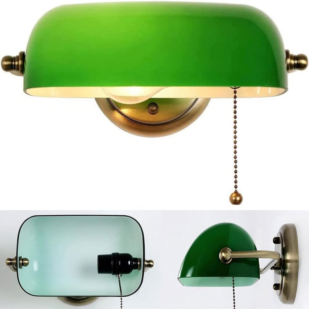 Zielona kinkiet bankier z przełącznikiem, klasyczna lampa bankierska, styl retro, tradycyjny, zielony, regulowany szklany klosz, lampka nocna do sypialni, korytarza, biblioteki
