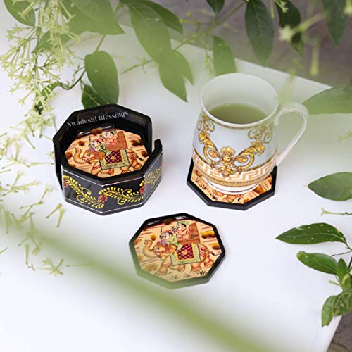 Image of Swadeshi Blessings Wooden Octagonal Coffee /Tea Coasters Set- Handcrafted & Hand-Painted for Kitchen /Table & Home Decor /Dinning /Gifts /Restaurants /Living Room /Coffee Table (Set of 6) (Red)