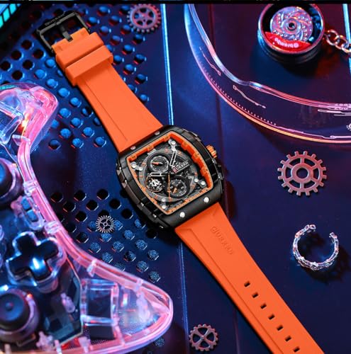 Image of PASOY Luxury Chronograph Watches for Mens Rubber Strap Black Waterproof Date Analog Quartz Watch