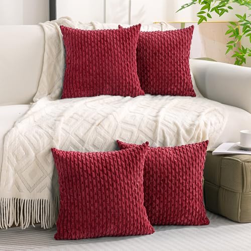 Set of 4 Burgundy Decorative Throw Pillow Covers 20x20 Inch Corduroy Pillow Covers for Bed Couch Sofa Living Room Soft Square Cushion Cases
