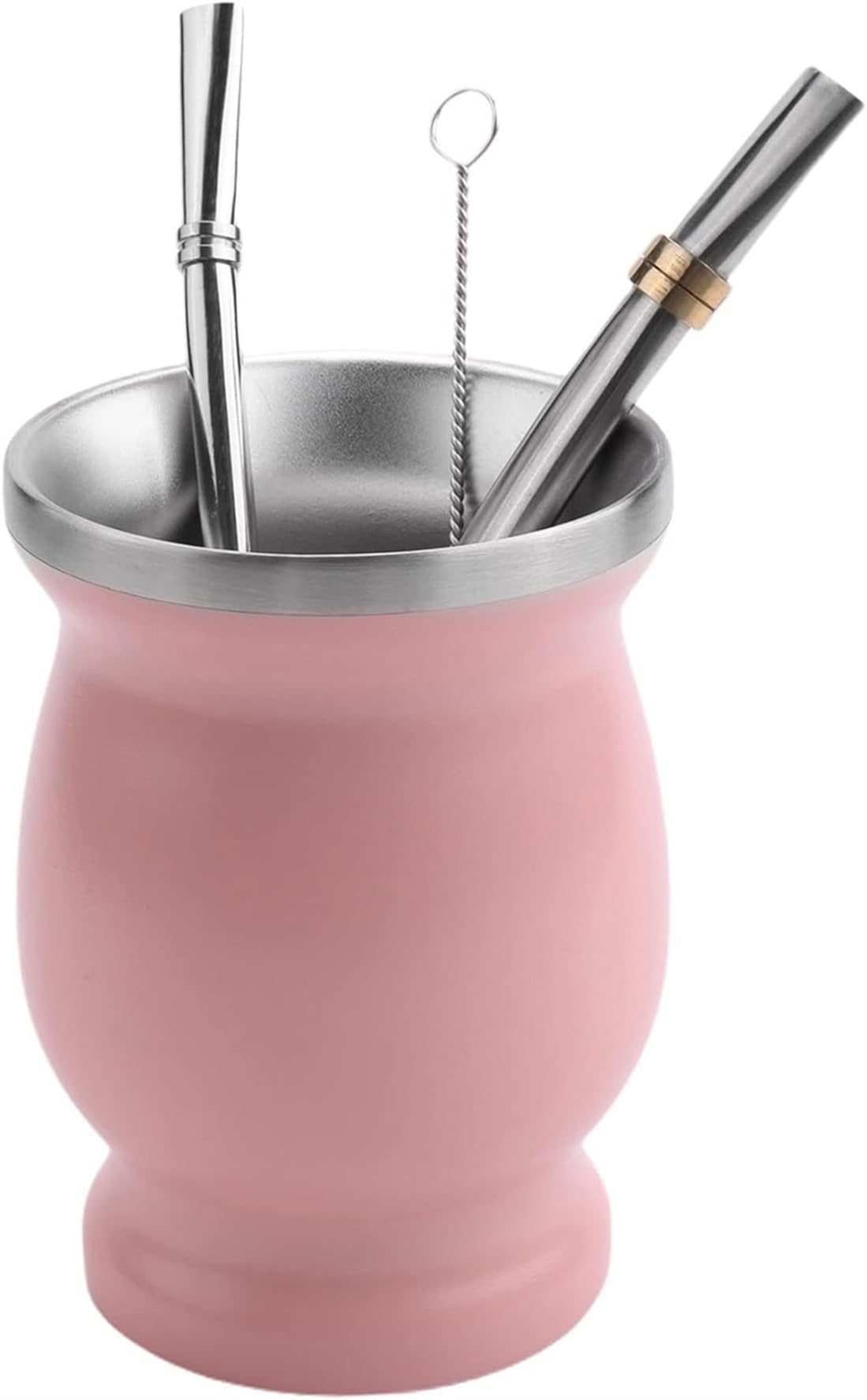 Yerba Mate Tea Cup Set, 230ml Stainless Steel Gourd Cup with Mate Tea Strainer, Bombilla Straws, Cleaning Brush, Pink