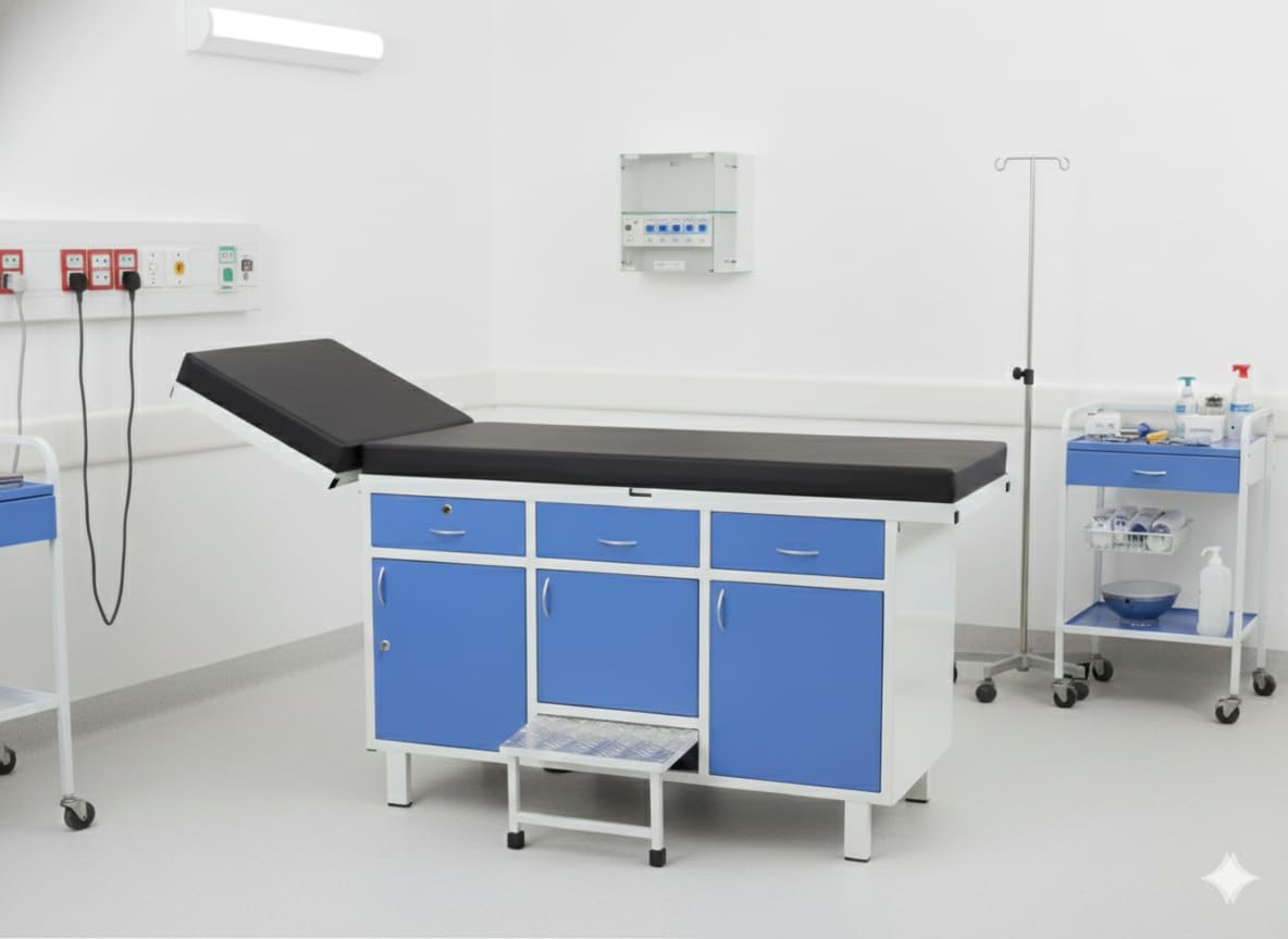 Rmedica Hospital Examination Couch I Head Elevation Couch Pre Treated and Epoxy Powder Coated with Hydrolic Head Movement, Skid Proof Foot Step