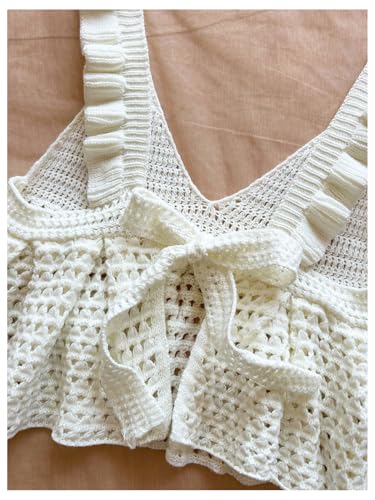 SOLY HUX Women's Bow Tie Backless Peplum Cute Sweater Deep V Neck Sleeveless Crochet Crop Tops4