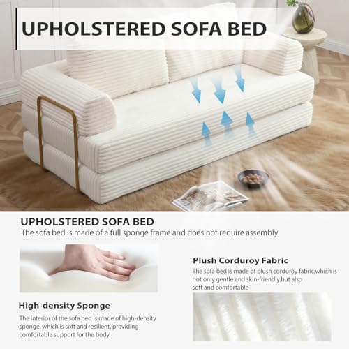 Image of HANXIN 80 Inch Convertible Sleeper Sofa Bed, High Back Plush Corduroy Folding Floor Mattress Couch with Fixed-Shape Frame, Boneless Futon Loveseat with Pull Out Bed, No Assembly Required (Beige)