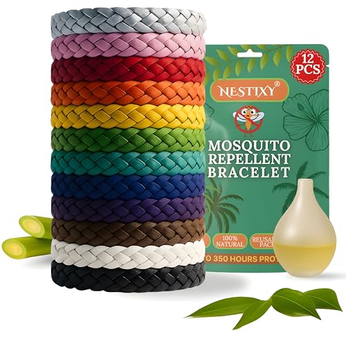 Mosquito Repellent Bracelet 12 Pcs, Adjustable Leather Band, Deet Free Travel Essentials, Insect Repellent Bracelet - 350 Hours Mosquito Repellent, Natural Anti-Mosquito Suitable for All Ages.