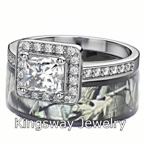 His & Her Black Titanium Camo Sterling Silver Halo Engagement Wedding Ring Set4