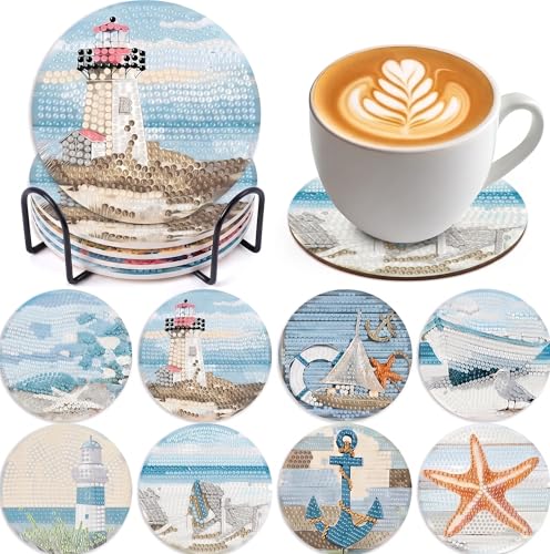 8 Pcs Diamond Painting Coasters with Holder Ocean Theme Diamond Art Coasters Kit for Adults Beginners DIY 5D Full Drill Rhinestone Art Craft Supplies Non-Slip Drink Coasters for Home Decor Gift