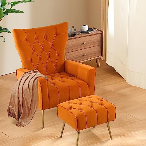 Yoodfo Accent Chair With Ottoman, Upholstered Modern Tufted Wingback Armchair With Footrest, Velvet Armchair With Golden Legs Modern Sofa Lounge Side Chair For Living Room, Bedroom 1 Set #TOP5