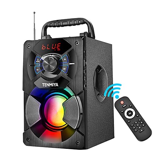TENMIYA A13 Portable Bluetooth Speaker with Subwoofer, FM Radio, RGB Colorful Lights Wireless Stereo Rich Bass Speakers Outdoor/Indoor Party Speaker Support Remote Control for Home, Travel, Camping
