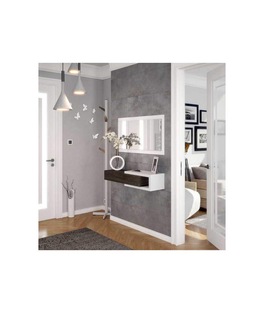 Habitdesign 0N6743BO - Recibidor con cajón + espejo, mueble entrada acabado en Blanco Brillo y Nogal, modelo Noon, medidas 19 x 95 x 26 cm de fondo