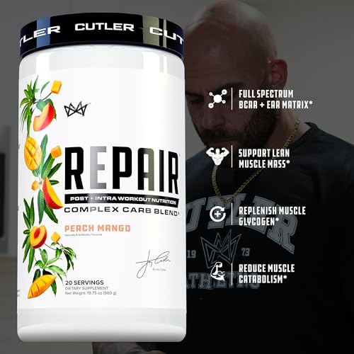 Image of Repair Post Workout Recovery Drink: Fast Absorbing Carbohydrates (Waxy Maize + Cluster Dextrin) and BCAA /EAA for Advanced Muscle Recovery, Peach Mango, 20 Servings