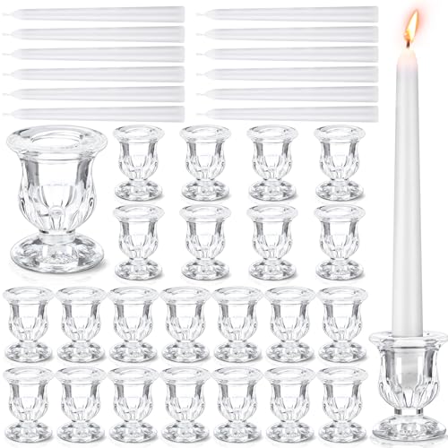 48 Pcs Glass Taper Candle Holders Bulk 2. 5 Inch Clear Candlestick Holder with Long Tapered Candles Candle Sticks Set for Table Centerpiece Wedding Christmas Party Decoration