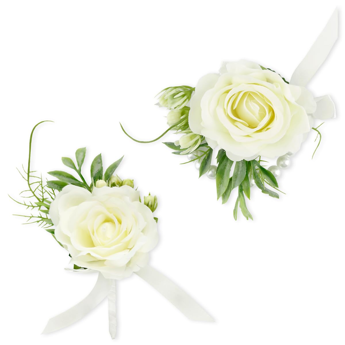 Thyonta White 2Pcs Rose Corsage Wristlet Simulated Pearl Wrist Corsage Brooch Suitable For Prom Season, Weddings, Parties, Events