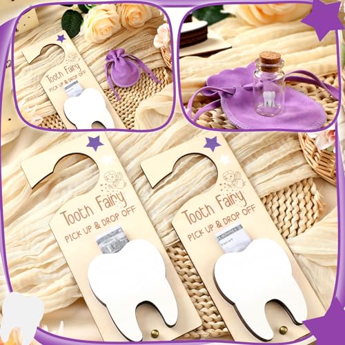 Image of DoubleFill Fairy Tooth Gift Holder Bag Door Hanger Lost Teeth Keepsake Box Tooth Fairy Kit Stores Back to School Gift for Lost Teeth Boy Girl Primary School Classroom Gifts(Classic,Purple)