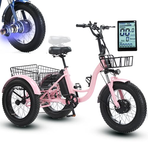 20'' Fat Tire Elektro-Dreirad für Erwachsene, Tretunterstützung, 3-Rad-Elektrofahrrad mit hinterem Gepäckkorb, LCD-Display + Hupe + Scheinwerfer, verstellbarer Sitz, herausnehmbarer Akku, maximale B