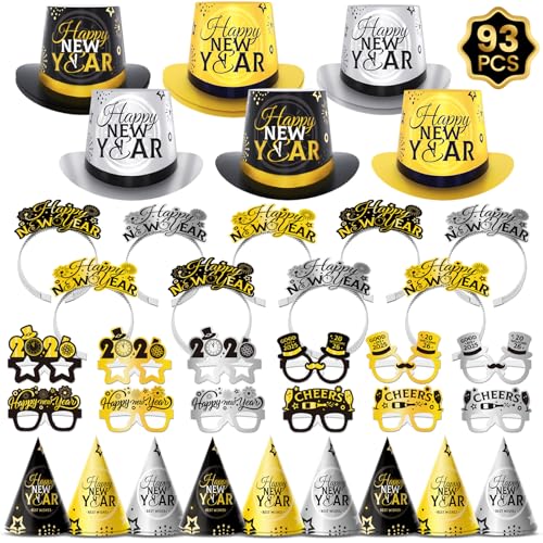 VinForsoul 93PCS New Years Eve Party Supplies 2026 for 48 Guests, Happy New Years Decorations Party Favors Includes Top Hats, Tiaras, Glasses Accessories for Adults Nye Decorations 2026
