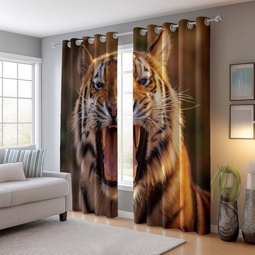 Cortinas Decorativas con Ojales 117 An x 138 Al cm (2Paneles), Animal Primer Plano Tigre Tema Aislamiento Térmico Cortina para Salón Dormitorio Hotel, Marrón Oscurecidas Antiarrugas