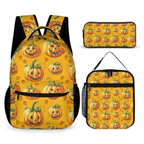 Funny Pumpkins Printed Backpack with Lunch Box Bag Pencil Case Pouch 3pcs Daypack Set for Women Men
