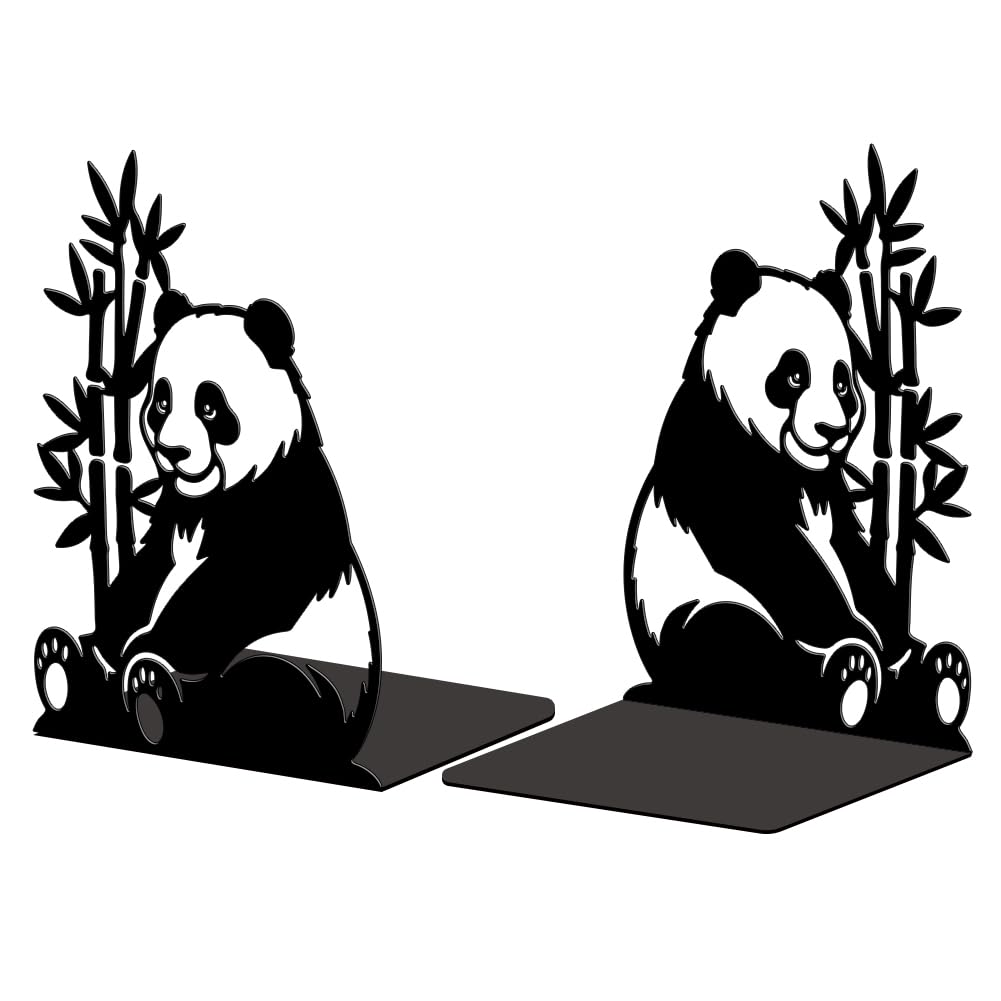 Peacoblue Metal Bookends for Shelves, Modern Decorative Heavy Duty Study Book Support Stoppers for Office, Desk, Shelf, Room 5.3"x4.3"x7.5" Cast Iron Simple Tall Bookends, 1 Pair (Panda and Bamboo)
