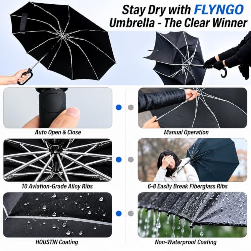 Image of FLYNGO Umbrella for Rain Big Size with Carabiner Handle, UV Coated 3-Fold Travel Umbrella for Sun Protection, Windproof Reinforced 10 Dual Ribs, Automatic Open /Close