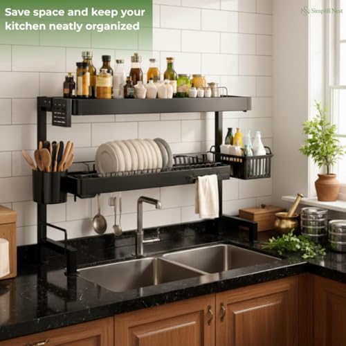 Image of Stainless Steel Over-the-Sink Dish Drying Rack | 2-Tier Space-Saving Bartan Stand | Anti-Rust Utensil Drainer with Cutlery Holder & Tray