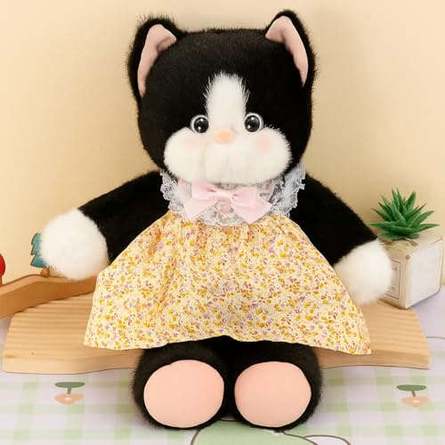 Image of Cute Cat Soft Toy 35cm - Kawaii Fluffy Plush Cat with Removable Frock & Apron, Adorable Stuffed Animal Plushie Gift for Kids, Girls & Home Decor