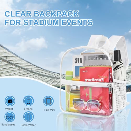 Image of Busiuw Clear Backpack for Stadium Events 12x12x6 Mini Small Sports Fan Backpacks with Front Pocket for Concert Sport Events Work Travel(White)
