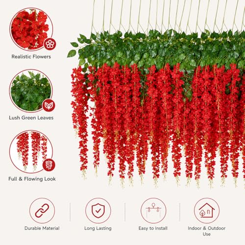 Image of Tia Crafts Polyester Artificial Hanging Flowers For Ceiling Balcony | Wisteria Vine | Home Party Decor Garden Outdoor Greenery Office Wall Decoration | Waterproof Washable - 3.7Ft /45 Inch (Red, 6)