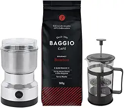 Kit Cafeteira Prensa + Moedor de Grãos + Café Grão em Baggio 110v