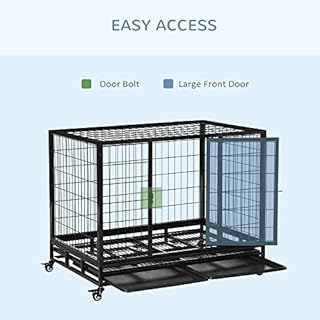 PawHut 43" Heavy Duty Metal Dog Kennel Pet Cage with Crate Tray and Wheels - Black (Large)