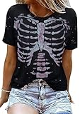Skeleton Shirts Women Halloween Vintage Skeleton Graphic T Shirts Tops Casual Horror Shirts D Black