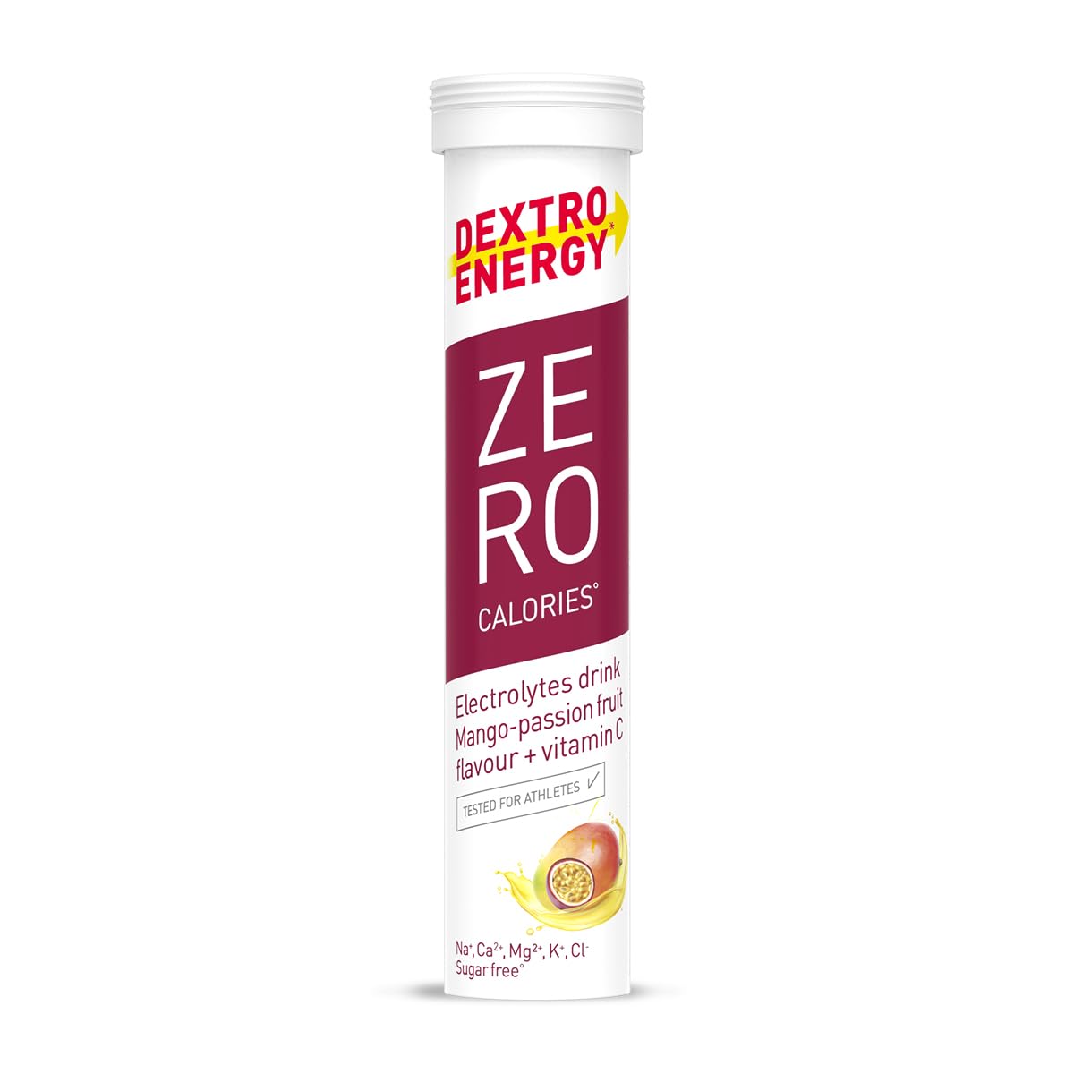 Dextro Energy Zero Calories Elektrolyte ohne Zucker Mango Passionfruit + Vitamin C - 12x20 Brausetabletten (12er Pack) Zusatz von Natrium, Magnesium, Chlorid, Calcium und Calium für Sportgetränke