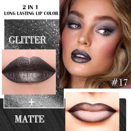 Image of evpct Black Metallic Glitter Lip Liner and Lipstick Combo Lip Gloss Stain Set Makeup for Women Long Lasting Waterproof 24, Goth Gothic Halloween Metallic Shimmer Frosted Iridescent Liquid Lipstick 17