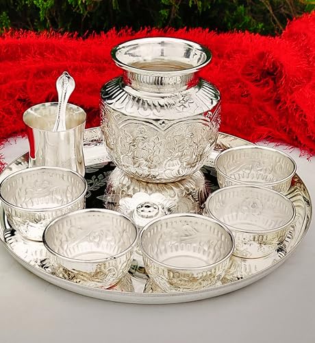 indiancraftsbykanika German Silver Pooja thali Set 9 Pieces for Housewarming Pooja/Diwali Pooja/Gift