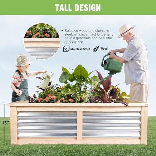 Image of Wood Garden Raised Bed Outdoor Plant Box Planter for Outdoor Plants with Galvanized Metal for Herbs Vegetables Flowers Great Patio Deck Balcony 4x2FT