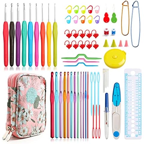 KOKNIT Crochet Hooks Set with Storage Case - 9 Soft Grip Ergonomic Crochet Needles,12 Coloured Aluminum Yarn Crocheting Crochet Hooks,Crochet Kit with Crochet Supplies and Accessories Cover