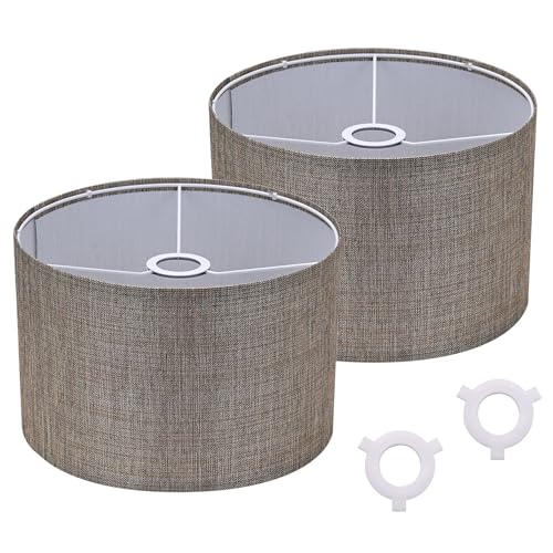 Lot de 2 abat-jours en lin taupe - Diamètre : 30 x 20 cm - Avec support d'araignée et anneau de réduction E14 - Remplacement pour lampes de table et...