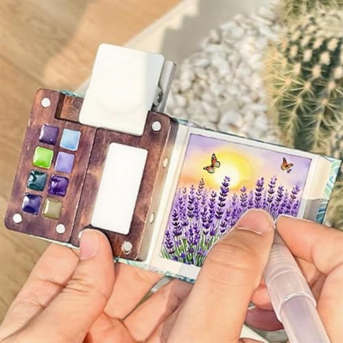 Image of DIANZHU Pocket Artist Watercolor Travel Set, Wooden Paint Palette Travel Kit, Mini Portable Watercolor Palette with Clip for Artists Painters Students (12 Colors 8 Grid Set 3 Brush Pen)