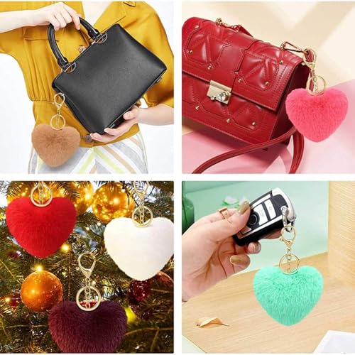Love Heart Faux Fur Pom Pom Key Chains Bag Accessory Fluffy Puffball Keyring Backpack Charms for Women Girls4