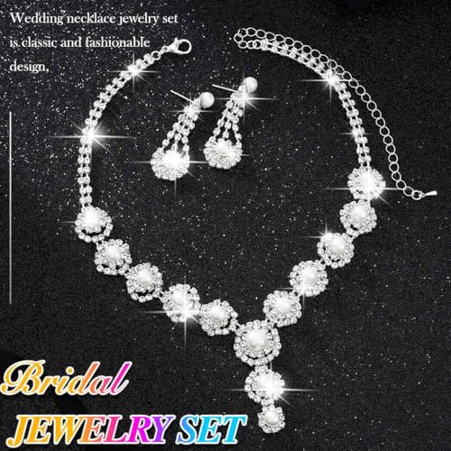Nicute Pearl Jewelry Set Sparkly Rhinestone Necklace Earrings Sets Prom Costume Bridal Jewelry Set for Women2