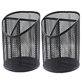 3 Compartments Pen Holder Mesh Round Pencil holder Organizer Cup for Desk Office Black, 2 Pack
