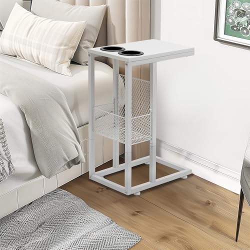 Image of HALLYBEE C Shaped End Table with Cup Holder, Small Slide Under Couch Side Table with Storage Basket Metal Frame for Living Room Bedroom Bedside Sofa White