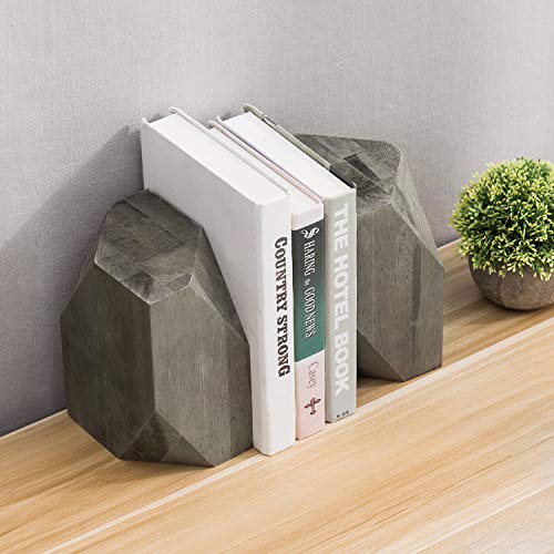 MyGift Vintage Gray Solid Wood Geometric Style Bookends, Decorative Bookshelf Display Organizers, Set