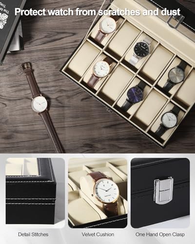 Image of Uten Watch Organizer - 12 Slot PU Case with Glass Lid, Valentine's Day Gift, Watch Display Box with Removable Pillow, Metal Clasp